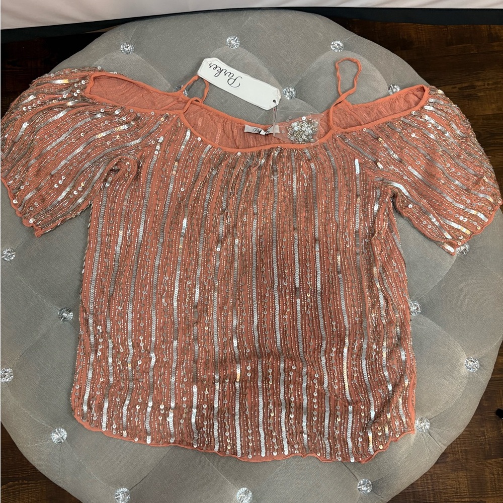 Parker Coral Sequin Cold Shoulder Blouse
